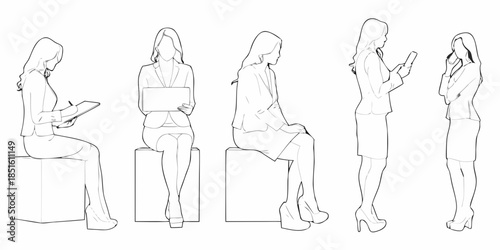 Line art illustration of five women in professional attire seated and standing