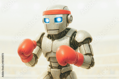 Futuristic boxing robot with glowing blue eyes wearing red gloves and a headband, standing ready to fight in a bright sports arena. Modern artificial intelligence concept.
