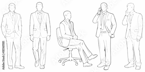 Sketch of business professionals in suits some in various poses and settings