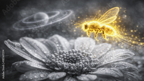 Magical golden bee flying over a monochrome blossom, creating a contrast of light and dark with shimmering bokeh and fantasy atmosphere.