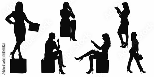 Silhouettes of businesswomen in various poses with luggage and accessories
