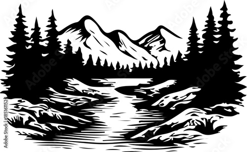 Silhouette Vector of Snowy Mountains Pine Trees and Flowing River Valley