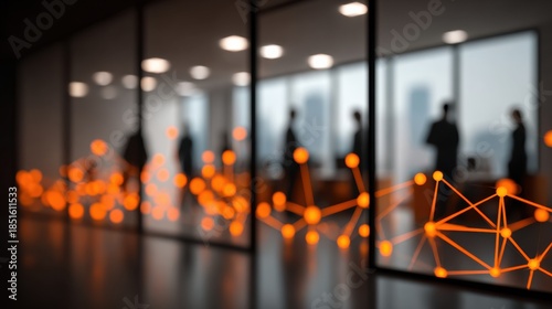 Blurry office meeting with orange network overlay connecting glowing nodes and silhouettes of business people in modern conference room, conveying collaboration and digital connectivity