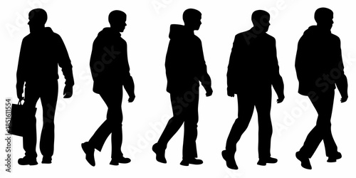 Silhouettes of five men walking in suits creating a dynamic visual pattern