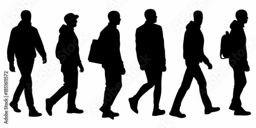 Silhouettes of people walking in different poses captured in a black and white style