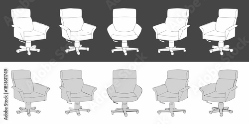 A series of office chairs shown in varying perspectives and orientations