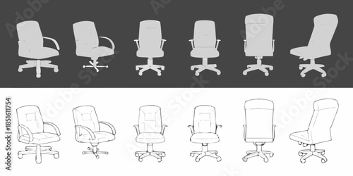 Illustrations of office chairs in various styles and perspectives displayed in grayscale