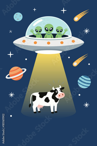Sci-fi alien abduction of cow cartoon illustration, UFO spaceship in starry space with planets and meteors funny scene