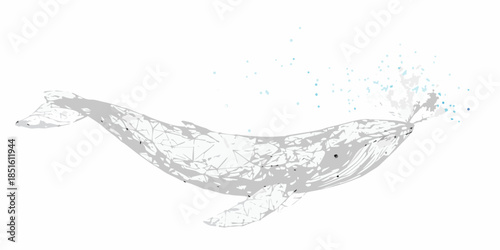Geometric whale illustration with scattered blue particles against a white background