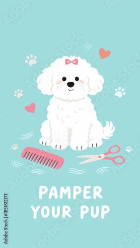 Pamper your pup dog grooming concept with cute white poodle, professional pet care services with comb and scissors vector