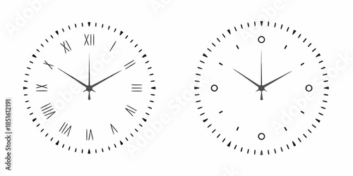 Two minimalist wall clocks with roman numerals displaying different times