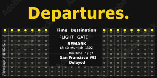 Airport departures board displaying flight information with time destination and status
