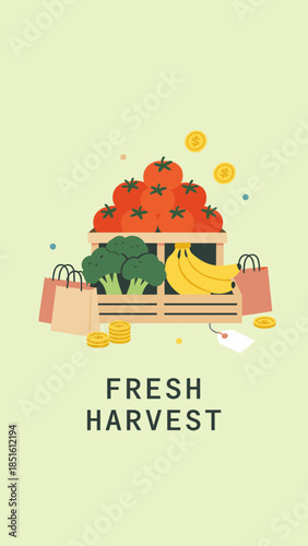 Fresh Harvest Vegetable and Fruit Crate Concept with Tomato Broccoli Banana and Shopping Bags for Grocery Market Promotion