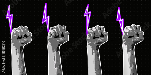 Raised fists with purple lightning bolts above them on a black background