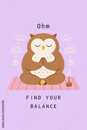 Zen Owl Meditating on Yoga Mat with Lotus Flowers and Ohm Symbol for Mental Health Wellness Balance and Stress Relief Concept Illustration