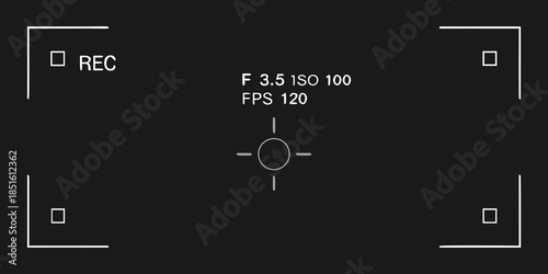 Camera viewfinder display showing recording settings and focus points