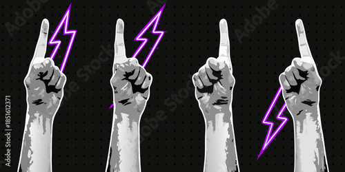Four hands raised with pointing fingers and purple lightning bolt graphics