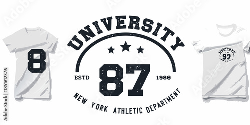 University athletic apparel featuring vintage designs and numbers on white t shirts