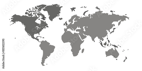 A grayscale world map illustration showing continents and major landmasses