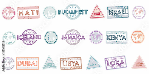 Collection of colorful travel stamps depicting various countries and destinations