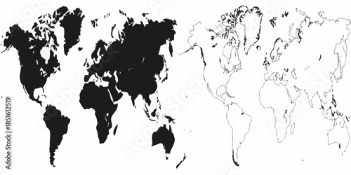 A black and white illustration depicting the world map with distinct continents