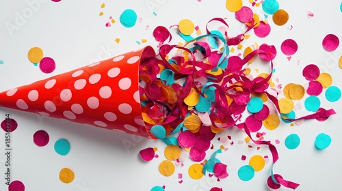 A vibrant red party cone bursting with colorful confetti and streamers for a festive celebration