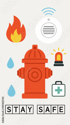 Fire Safety Awareness Icons with Hydrant and Alarm, Stay Safe Concept for Emergency Prevention and Fire Protection Education Poster