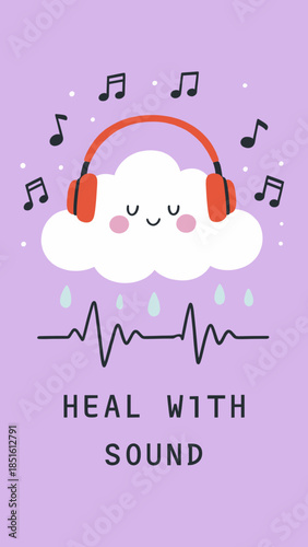 Happy Cloud Wearing Headphones with Music Notes and Heartbeat, Heal with Sound Concept for Music Therapy and Relaxation Audio Design