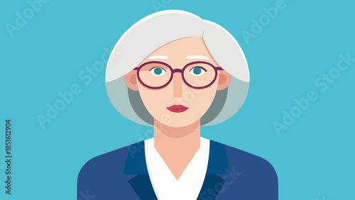 Confident elderly woman with glasses and white hair in business attire on blue background
