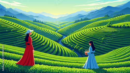 Scenic vista of verdant rolling hills under a bright blue sky with two women in flowing dresses standing amidst the lush landscape