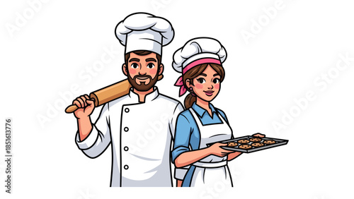 Male and female chefs standing together with cooking utensils and food