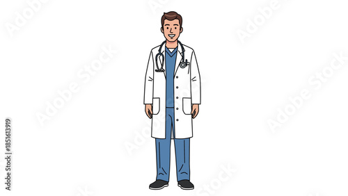 A doctor standing in a clinical environment wearing a white lab coat and stethoscope around his neck.