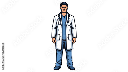 A professional man in a white lab coat standing against a plain white background