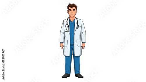 A male doctor standing in a white coat with a stethoscope around his neck