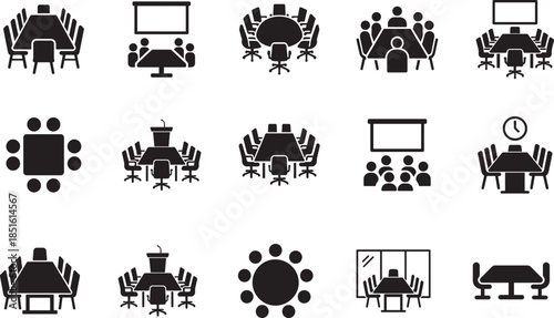  Conference room icon set with meeting table, chairs and presentation symbols in clean vector EPS style.