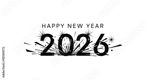 A festive new year graphic displays the year 2026 with sparkling celebratory firework effects