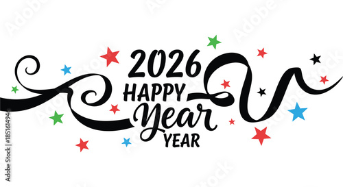 A festive new year illustration featuring the year 2026 with celebratory swirls and stars