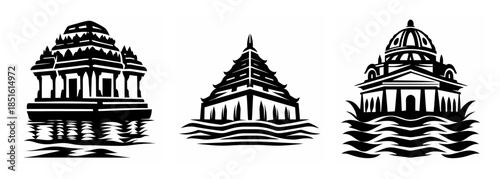 Three iconic architectural designs featuring magnificent buildings reflected in calm waters