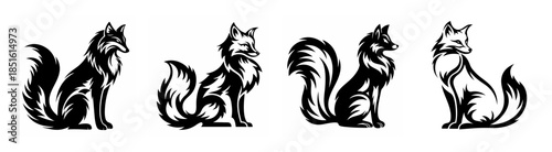 Four artistic spirit foxes sitting gracefully their bushy tails high evoking mystical nature