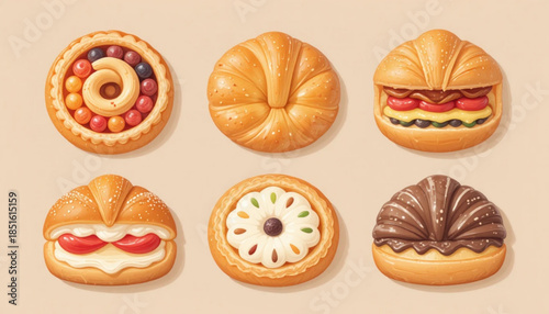 A set of flat colored Danish pastry illustrations 