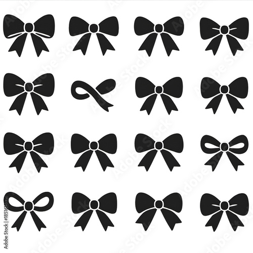 Black and white ribbon bow icon set in flat cartoon style, assorted vibrant colors, isolated on white background. Perfect for gift wrapping.