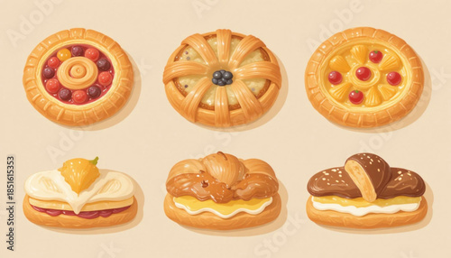 A set of flat colored Danish pastry illustrations 