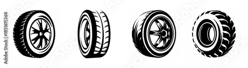Four detailed sketch style tires showing tread patterns and rims various angles for automotive design