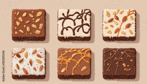 A set of flat colored chocolate brownie cake illustrations on a plain background