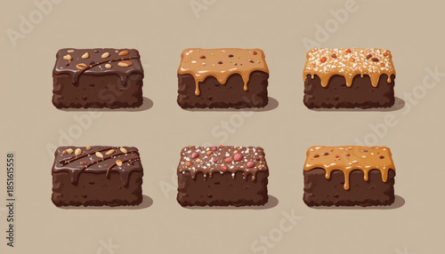 A set of flat colored chocolate brownie cake illustrations on a plain background