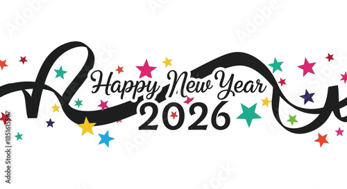 Festive new year greeting featuring calligraphy stars and colorful confetti for the year 2026
