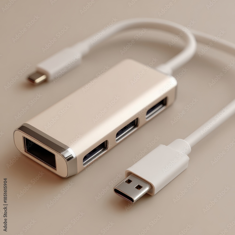 Fototapeta premium Close up of a gold USB C hub with three USB A ports and one HDMI port. White cables extend from the hub.