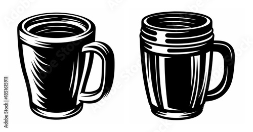 Two vintage black and white travel mugs side by side with handles displayed prominently for beverage enjoyment