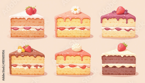 A set of cake slice illustrations with fruit toppings