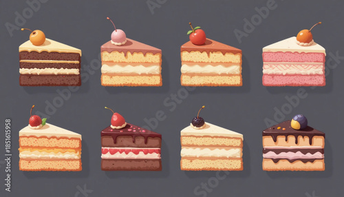 A set of cake slice illustrations with fruit toppings